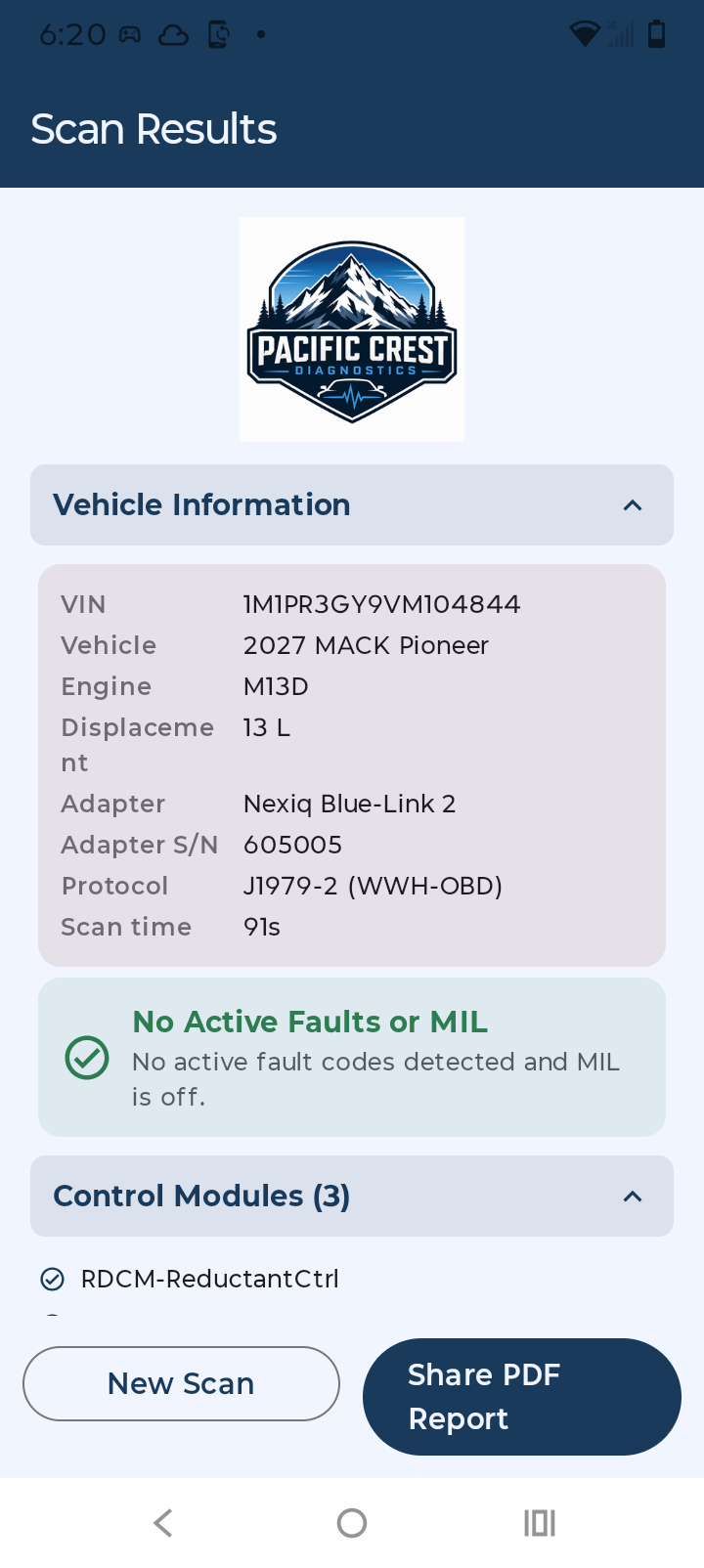 Pacific Crest Diagnostics summary showing everything good
