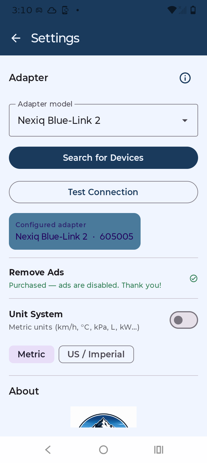 Pacific Crest Diagnostics settings screen
